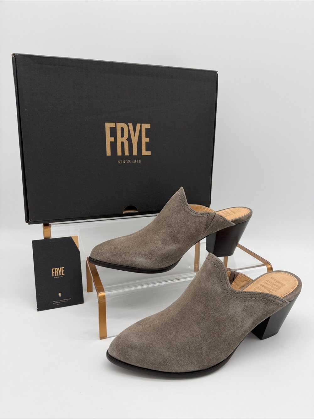 Frye Reed Suede Western Heeled Mules 
Mineral / Mine Size 9